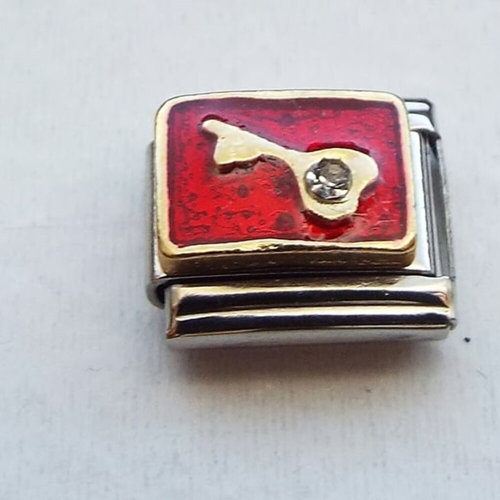 Key with crystal on red enamel 9mm stainless steel italian charm bracelet link